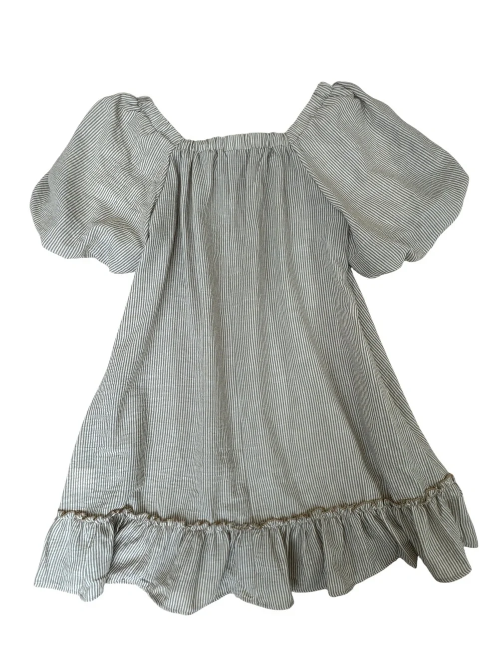 Three Bird Nest Solace Ruffled Hem Dress Beige Striped Puff Sleeve Boho Small - Picture 12 of 12